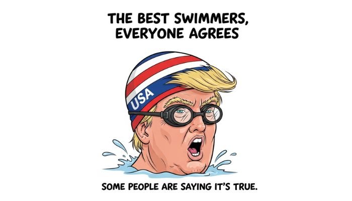 A cartoon of Donald Trump's head wearing a swimming cap and goggles.